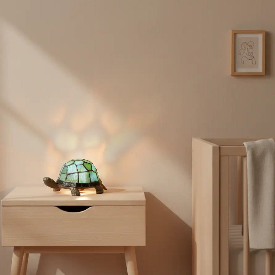 Veilleuse Tortue en Verre Coloré avec Base Métal Antique
