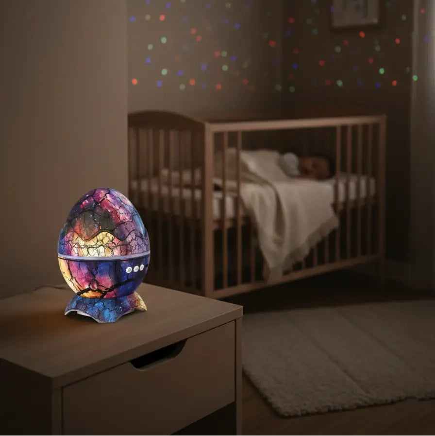 Veilleuse en Forme d'Œuf Dinosaure Projecteur Étoiles Galaxie avec Bruit Blanc et Télécommande