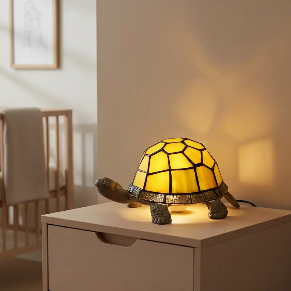 Veilleuse Tortue en Verre Coloré avec Base Métal Antique