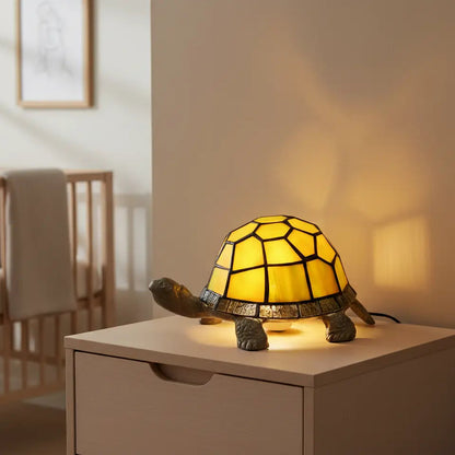 Veilleuse Tortue en Verre Coloré avec Base Métal Antique