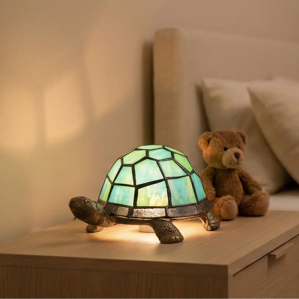 Veilleuse Tortue en Verre Coloré avec Base Métal Antique