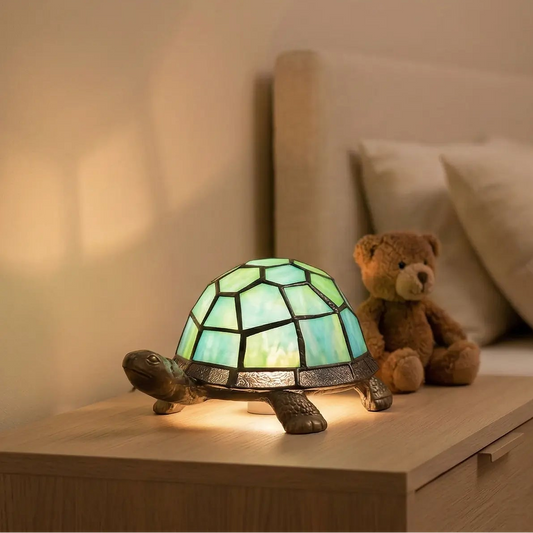 Veilleuse Tortue en Verre Coloré avec Base Métal Antique