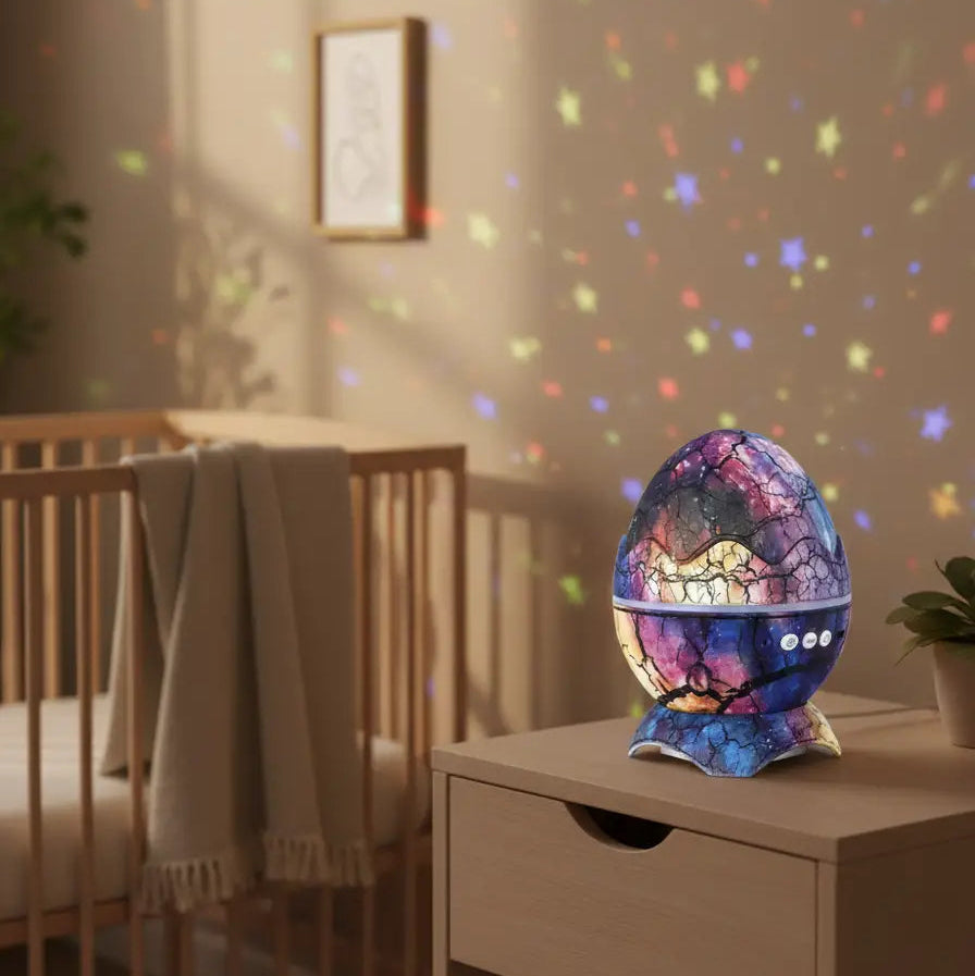 Veilleuse en Forme d'Œuf Dinosaure Projecteur Étoiles Galaxie avec Bruit Blanc et Télécommande
