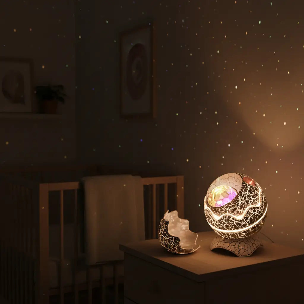 Veilleuse en Forme d'Œuf Dinosaure Projecteur Étoiles Galaxie avec Bruit Blanc et Télécommande