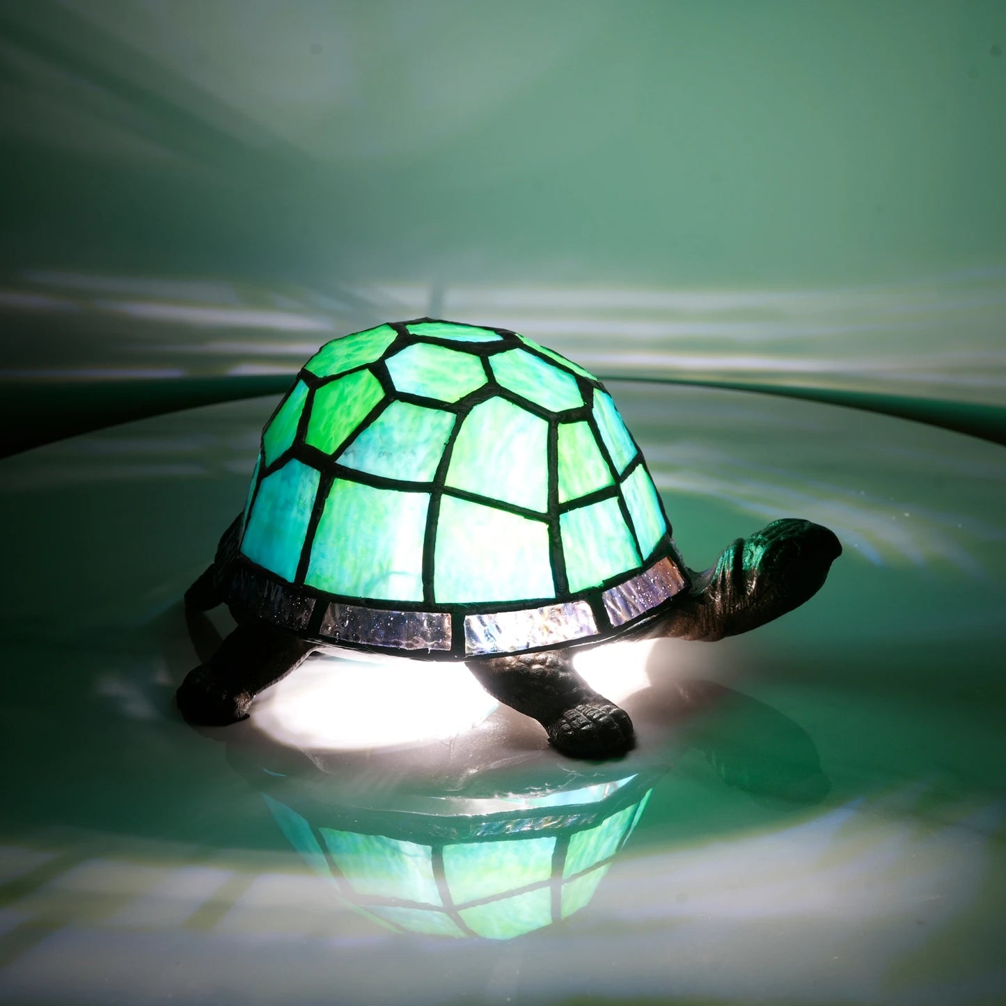 Veilleuse Tortue en Verre Coloré avec Base Métal Antique