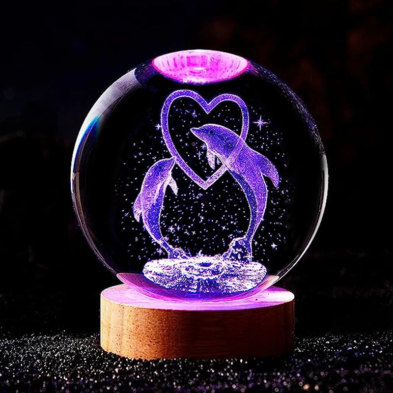 Veilleuse Dauphins Amoureux Boule de Cristal 3D Socle en Bois
