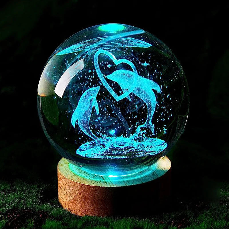 Veilleuse Dauphins Amoureux Boule de Cristal 3D Socle en Bois