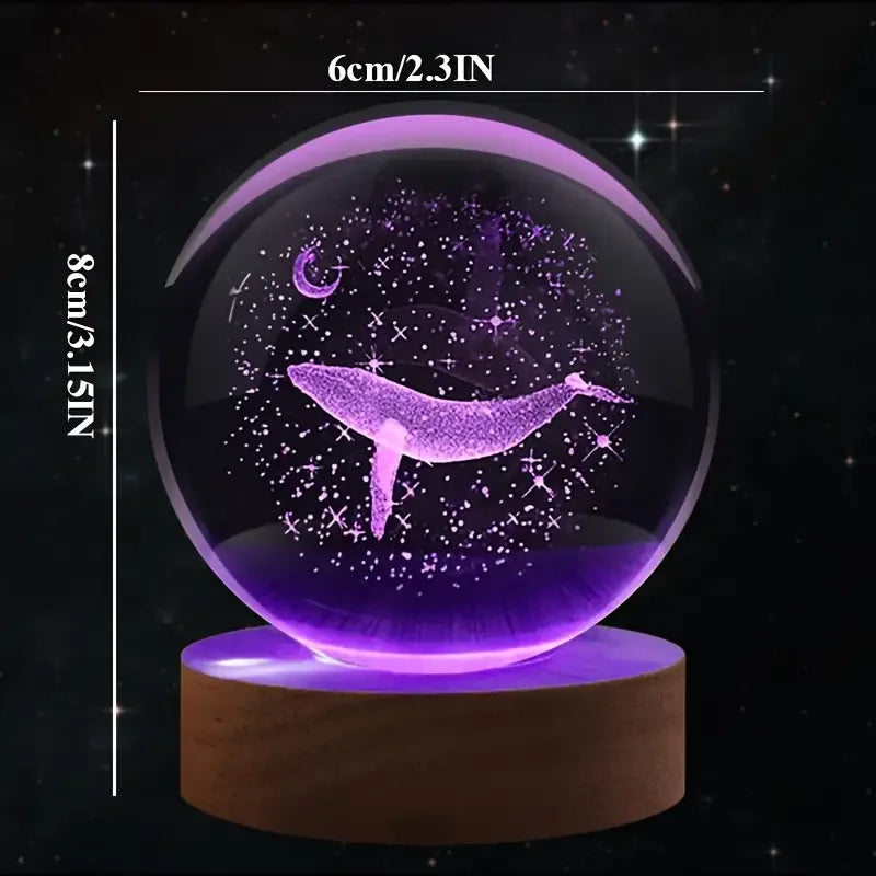 Veilleuse Baleine & Lune Boule de Cristal 3D Gravure Laser Socle en Bois