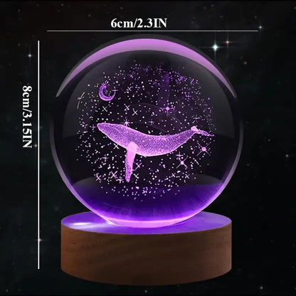 Veilleuse Baleine & Lune Boule de Cristal 3D Gravure Laser Socle en Bois
