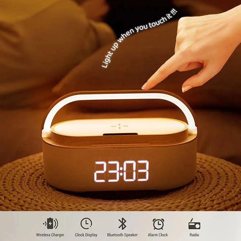 Veilleuse Réveil Radio Tactile en Bois Sans Fil Bluetooth