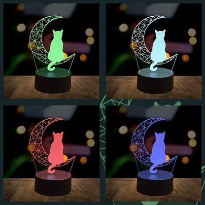 Veilleuse Chat sur Croissant de Lune 3D en Acrylique