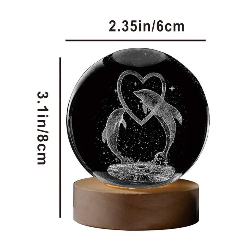 Veilleuse Dauphins Amoureux Boule de Cristal 3D Socle en Bois