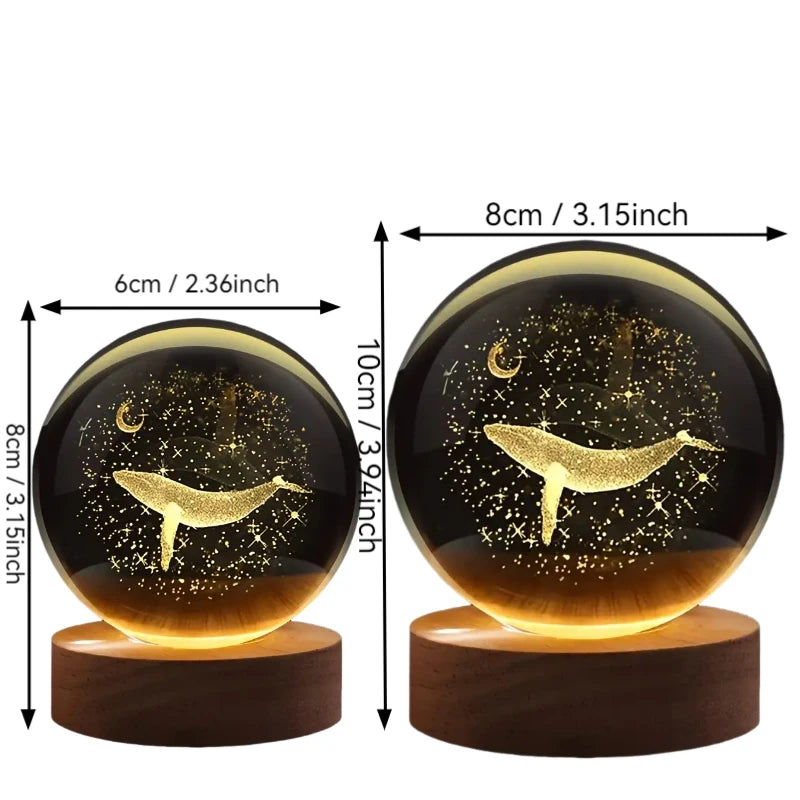 Veilleuse Baleine & Lune Boule de Cristal 3D Gravure Laser Socle en Bois