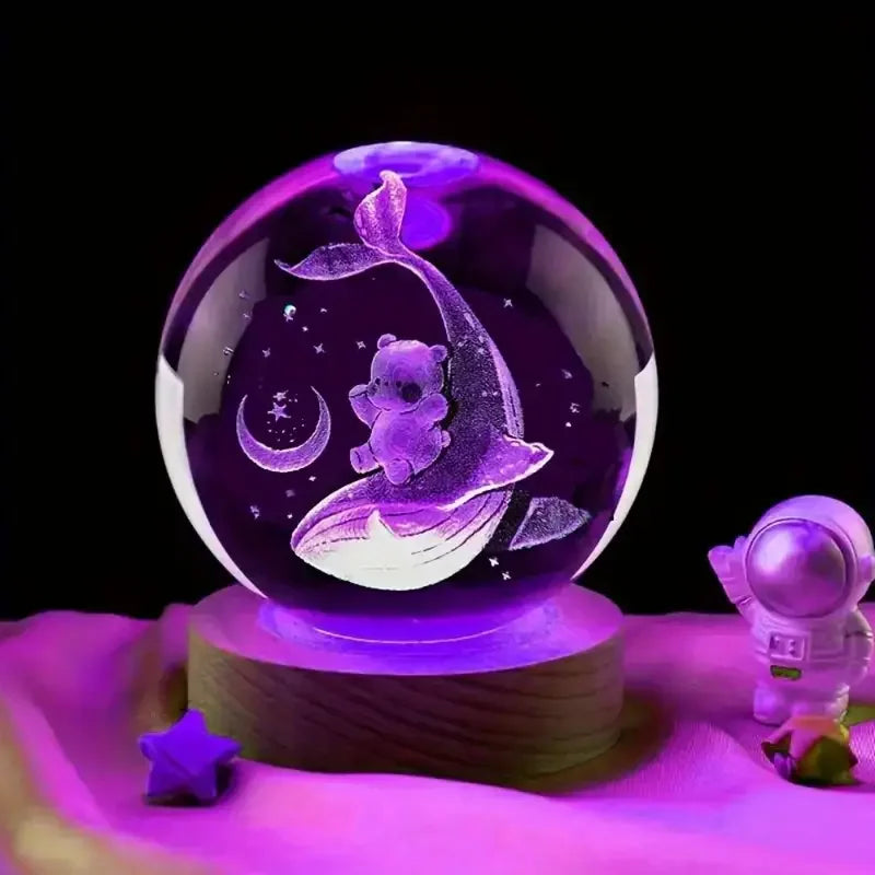 Veilleuse Baleine & Ourson Boule de Cristal 3D Socle en Bois