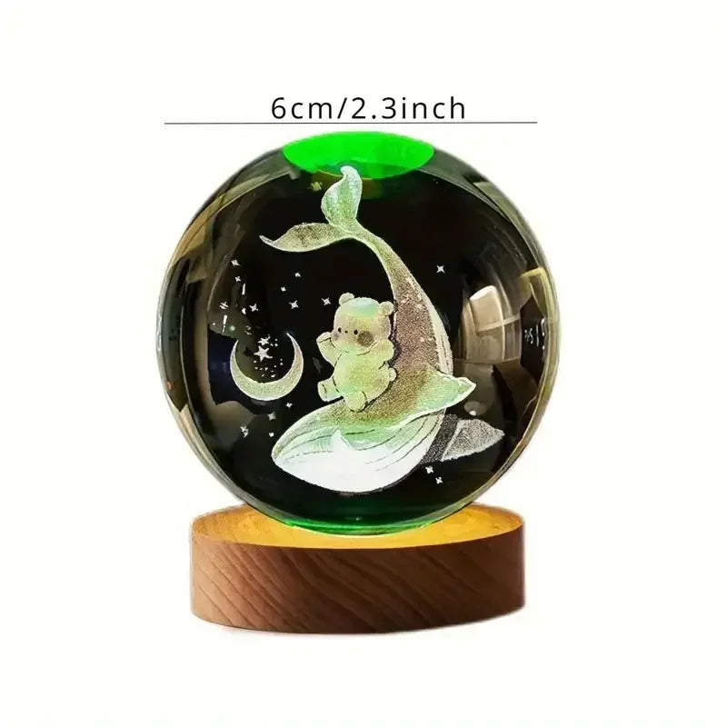 Veilleuse Baleine & Ourson Boule de Cristal 3D Socle en Bois