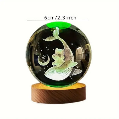 Veilleuse Baleine & Ourson Boule de Cristal 3D Socle en Bois