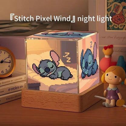 Veilleuse Stitch Pixel Cube Lumineux Socle en Bois