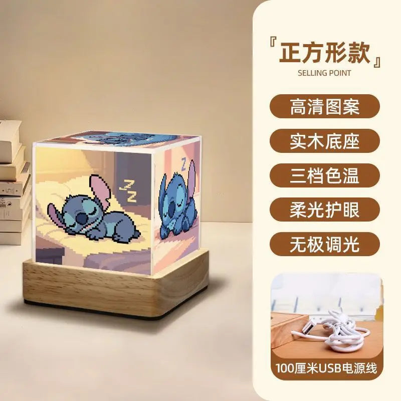 Veilleuse Stitch Pixel Cube Lumineux Socle en Bois