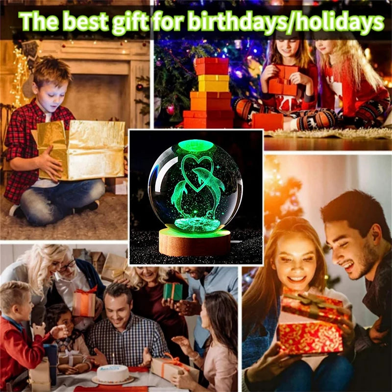 Veilleuse Dauphins Amoureux Boule de Cristal 3D Socle en Bois