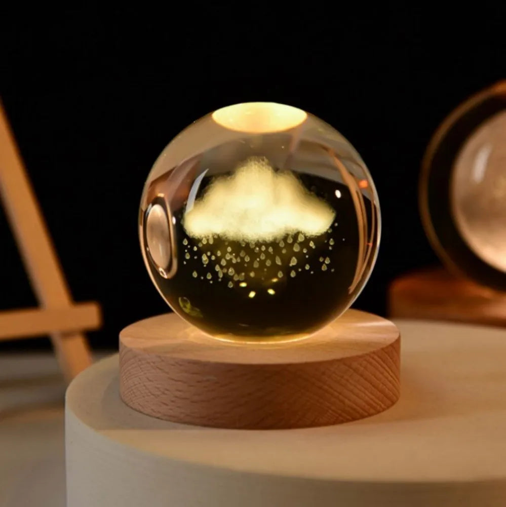 Veilleuse Nuage Boule de Cristal 3D avec Socle en Bois