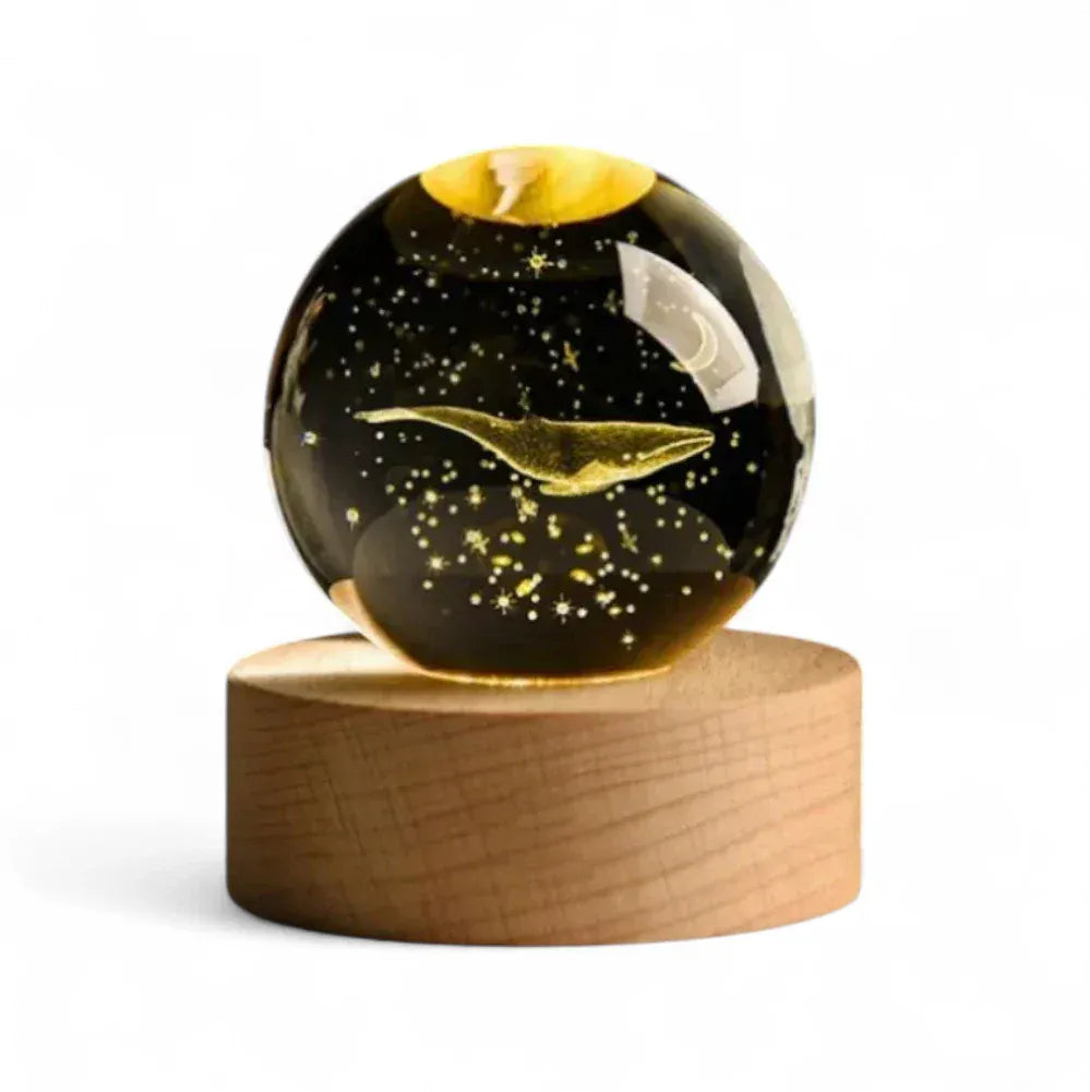 Veilleuse Baleine Boule de Cristal 3D avec Socle en Bois - Éclairez vos nuits