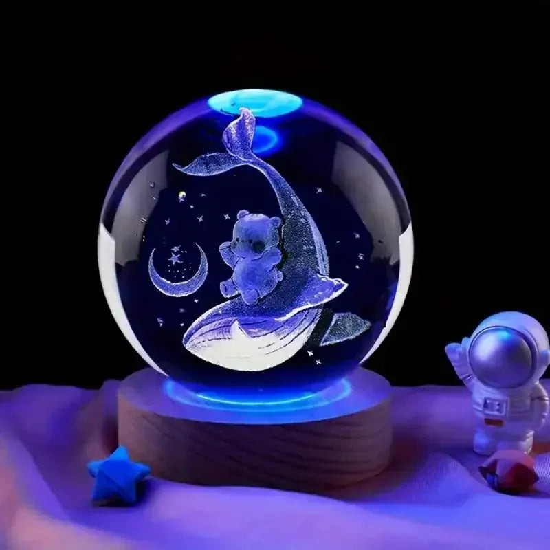 Veilleuse Baleine et Ourson Boule de Cristal 3D Socle en Bois