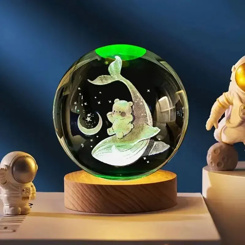 Veilleuse Baleine et Ourson Boule de Cristal 3D Socle en Bois