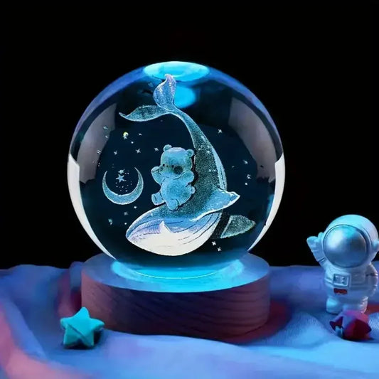Veilleuse Baleine et Ourson Boule de Cristal 3D Socle en Bois