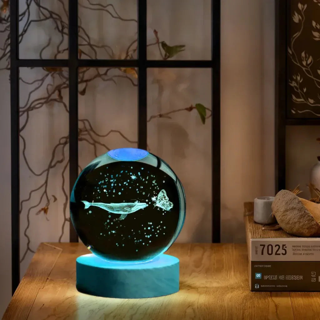 Veilleuse Baleine et Papillon Boule de Cristal 3D Gravure Laser