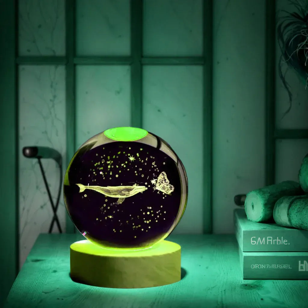 Veilleuse Baleine et Papillon Boule de Cristal 3D Gravure Laser