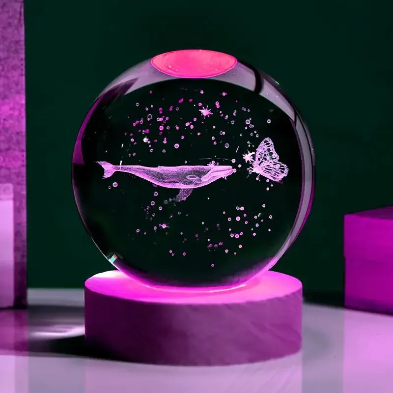 Veilleuse Baleine et Papillon Boule de Cristal 3D Gravure Laser