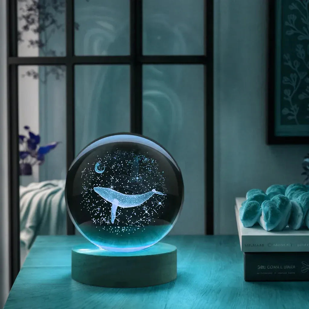Veilleuse Baleine & Lune Boule de Cristal 3D Gravure Laser Socle en Bois