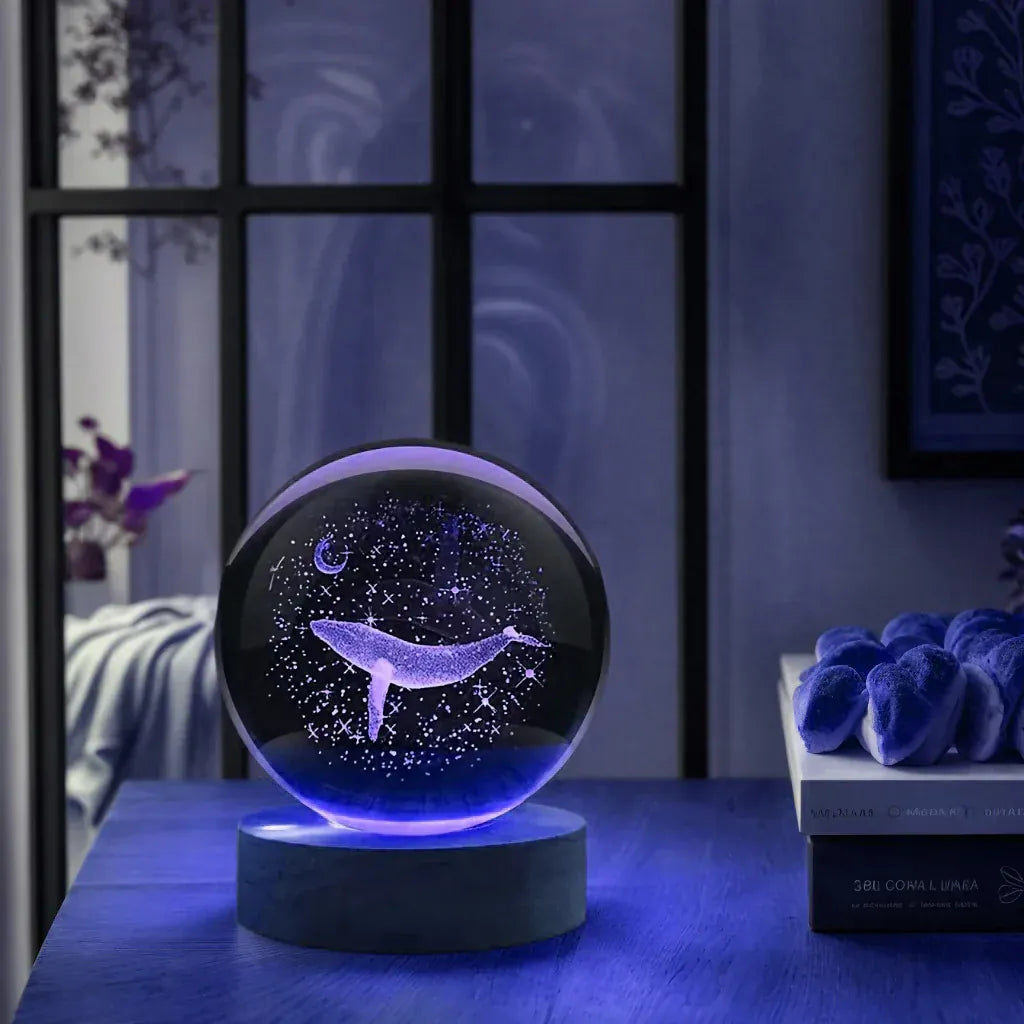 Veilleuse Baleine & Lune Boule de Cristal 3D Gravure Laser Socle en Bois