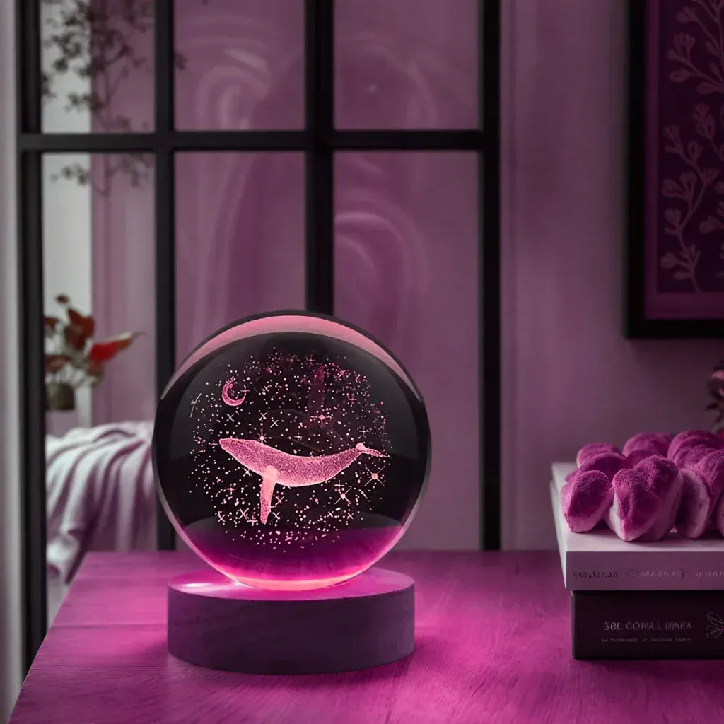 Veilleuse Baleine & Lune Boule de Cristal 3D Gravure Laser Socle en Bois