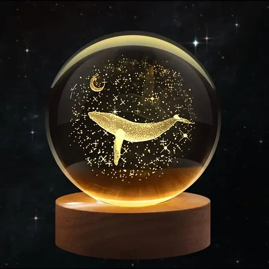 Veilleuse Baleine & Lune Boule de Cristal 3D Gravure Laser Socle en Bois