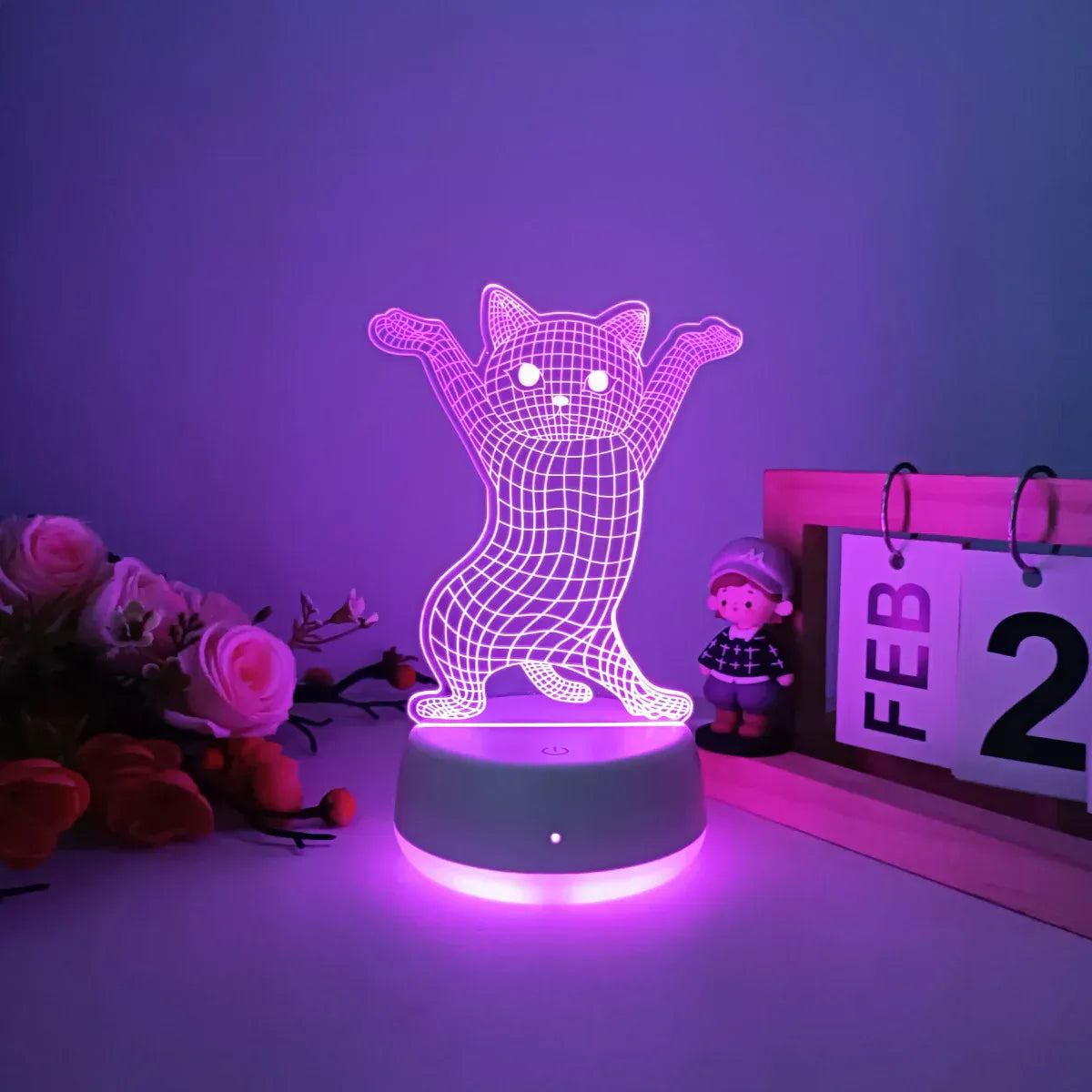 Veilleuse Chat 3D Pattes Levées en Acrylique, éclairage apaisant