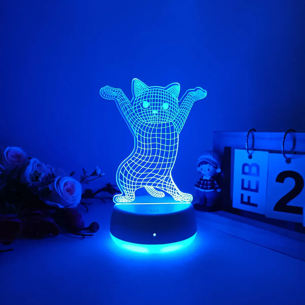 Veilleuse Chat 3D Pattes Levées en Acrylique, éclairage apaisant