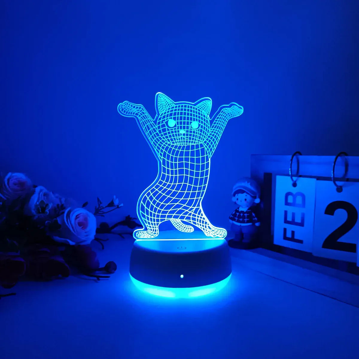 Veilleuse Chat 3D Pattes Levées en Acrylique, éclairage apaisant