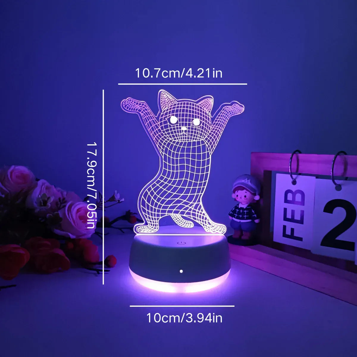 Veilleuse Chat 3D Pattes Levées en Acrylique, éclairage apaisant