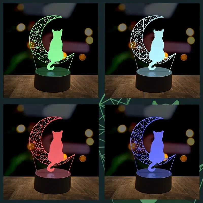 Veilleuse Chat sur Croissant de Lune 3D en Acrylique, idéale mobile
