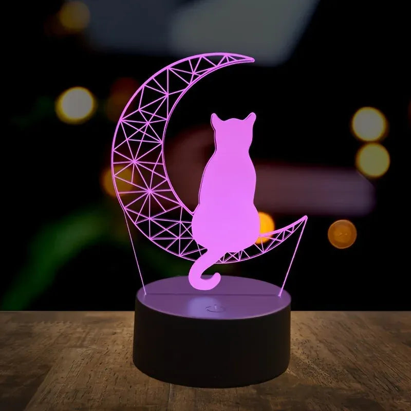 Veilleuse Chat sur Croissant de Lune 3D en Acrylique, idéale mobile
