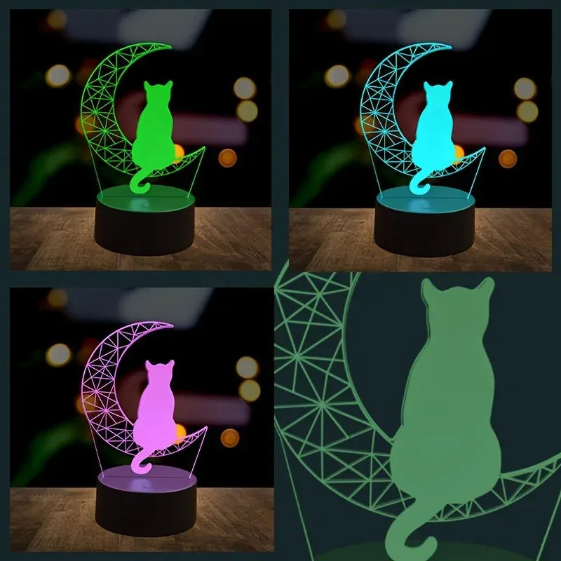Veilleuse Chat sur Croissant de Lune 3D en Acrylique, idéale mobile