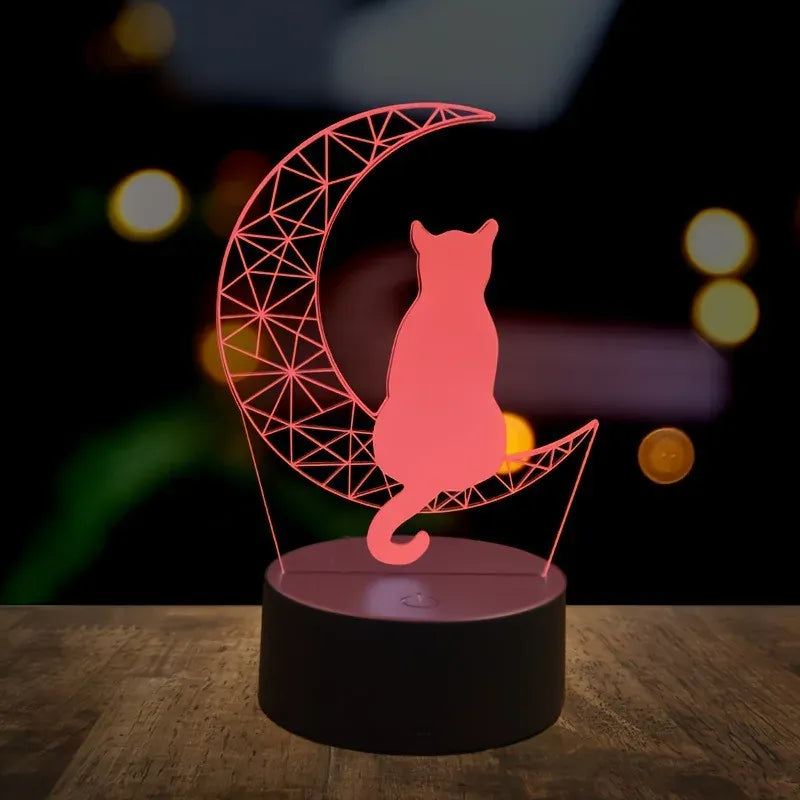 Veilleuse Chat sur Croissant de Lune 3D en Acrylique, idéale mobile