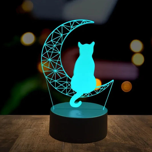 Veilleuse Chat sur Croissant de Lune 3D en Acrylique, idéale mobile