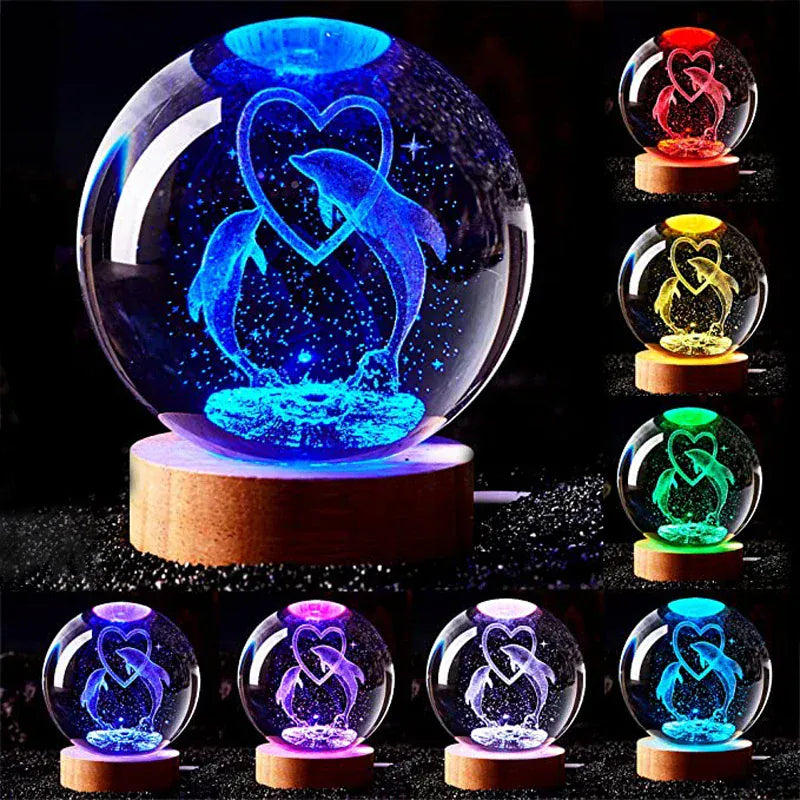 Veilleuse Dauphins Amoureux Boule de Cristal 3D Socle en Bois