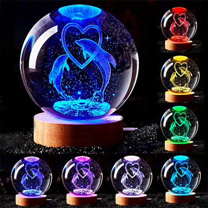 Veilleuse Dauphins Amoureux Boule de Cristal 3D Socle en Bois