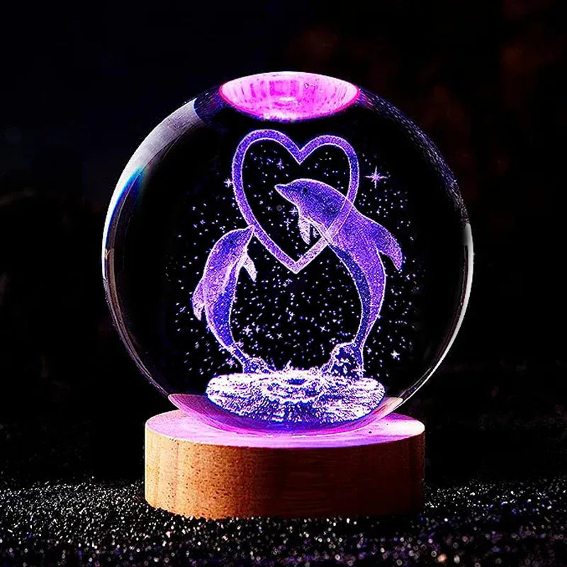 Veilleuse Dauphins Amoureux Boule de Cristal 3D Socle en Bois Image