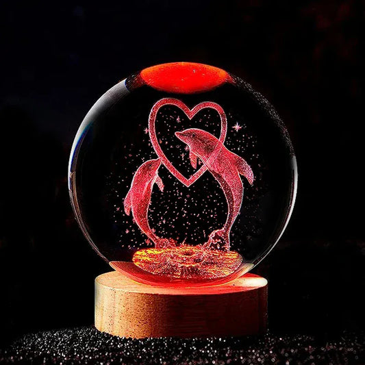 Veilleuse Dauphins Amoureux Boule de Cristal 3D Socle en Bois
