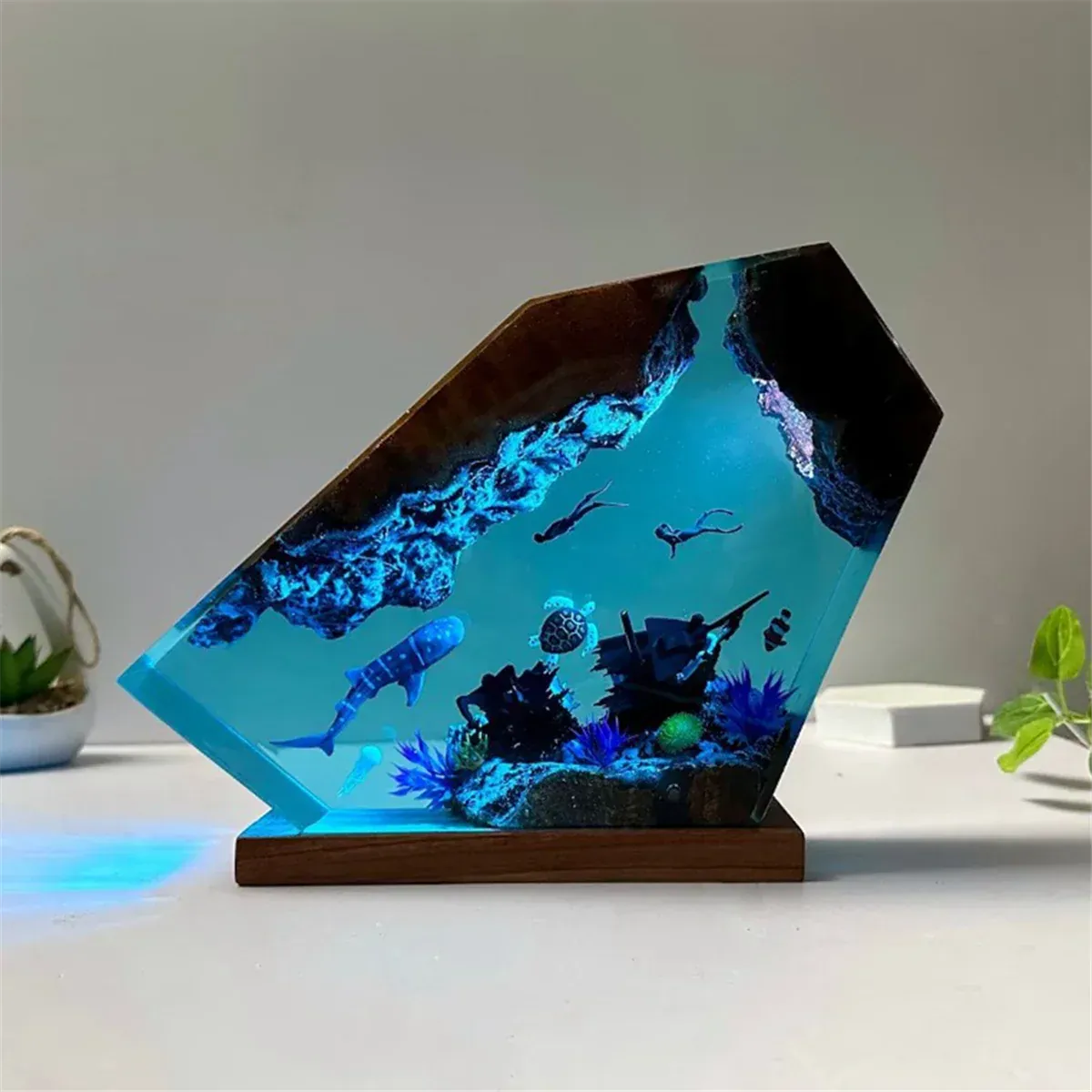 Veilleuse Lampe Résine Époxy Océan avec Tortue Baleine, unique