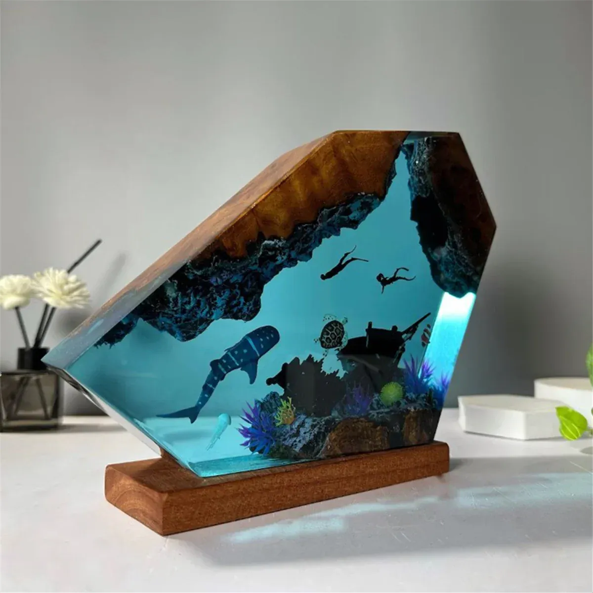 Veilleuse Lampe Résine Époxy Océan avec Tortue Baleine, unique